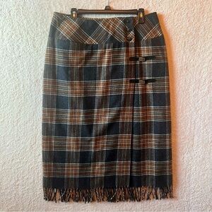 Women's Wool Plaid Wrap Blanket Skirt Sz 14 Fringe Buckle Academia Equestrian